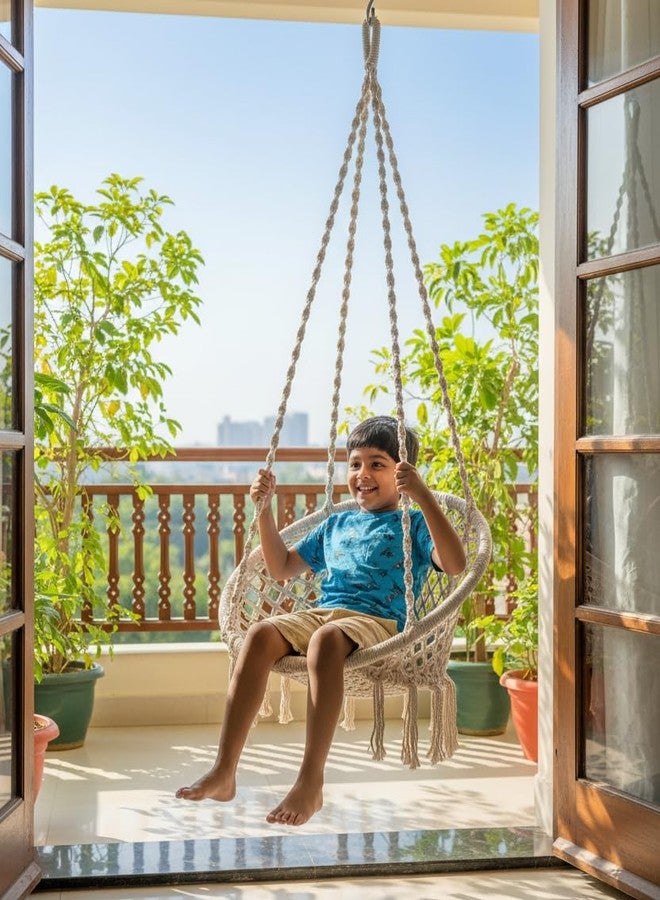 Patiofy Cotton Round Baby Swing/Jhula For Home - Indoor & Outdoor Hanging Chair For Children 5-15 Years (White, 66 Centimeters) - Image 1